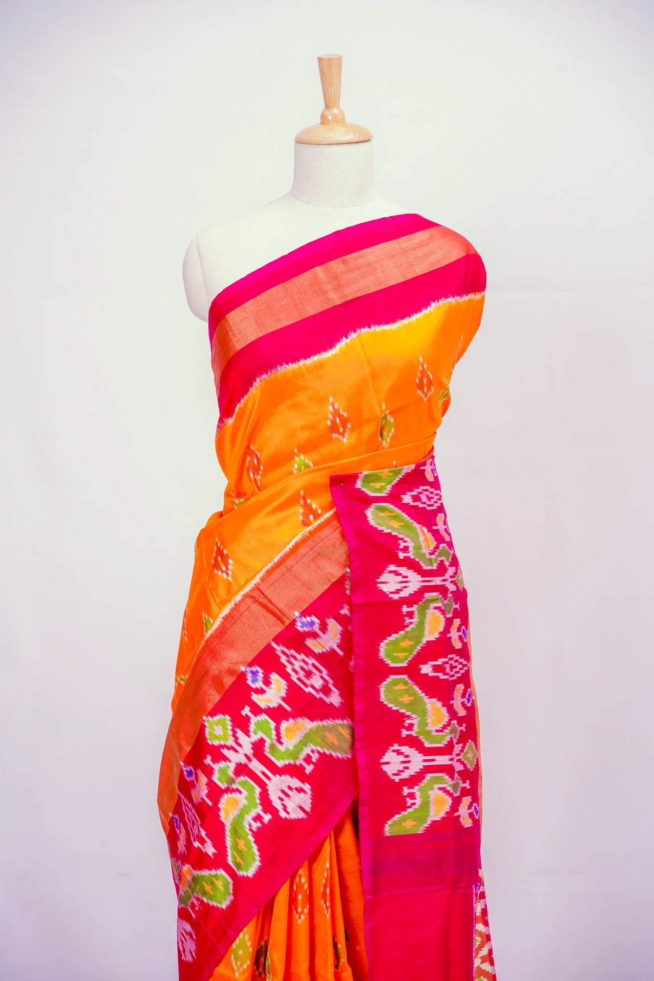 Orange Pure Soft Silk Pochampally Ikkat  Print With Contrast Pallu Border And Blouse