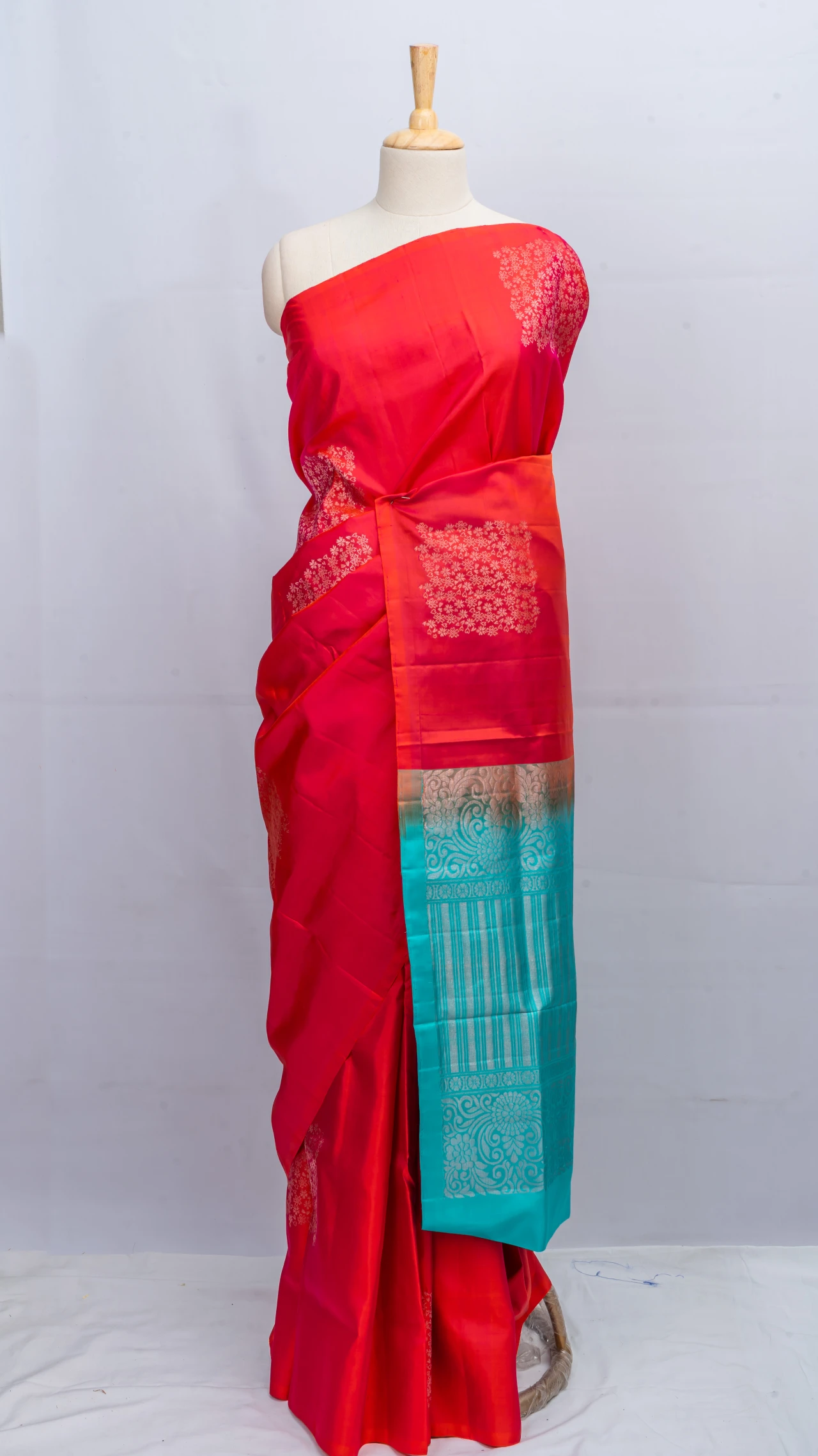 Orangey Red Pure Soft Silk With Contrast Pallu And Blouse