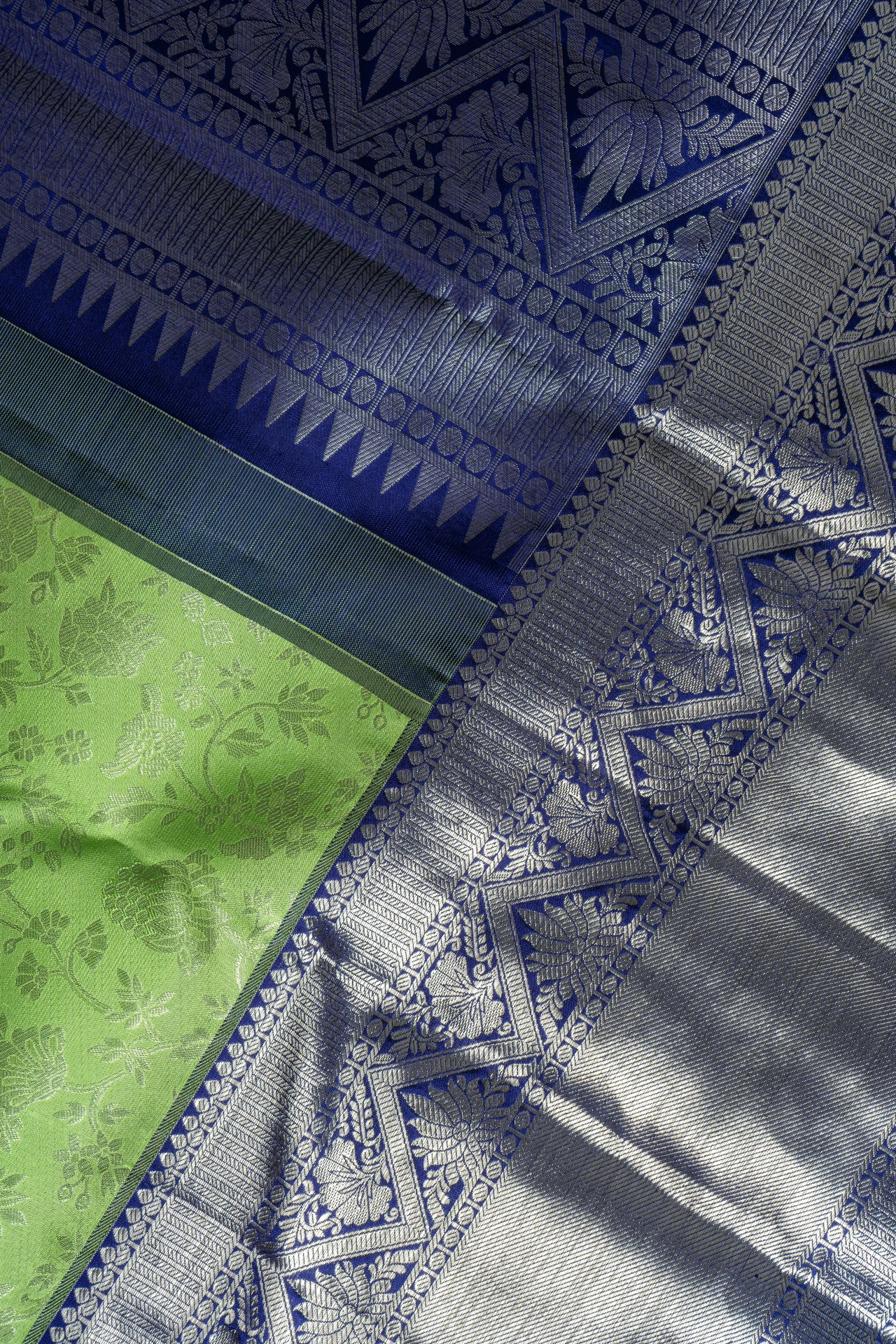 Parrot Green Pure Kanchivaram Silk With Silver Zari Brocade 