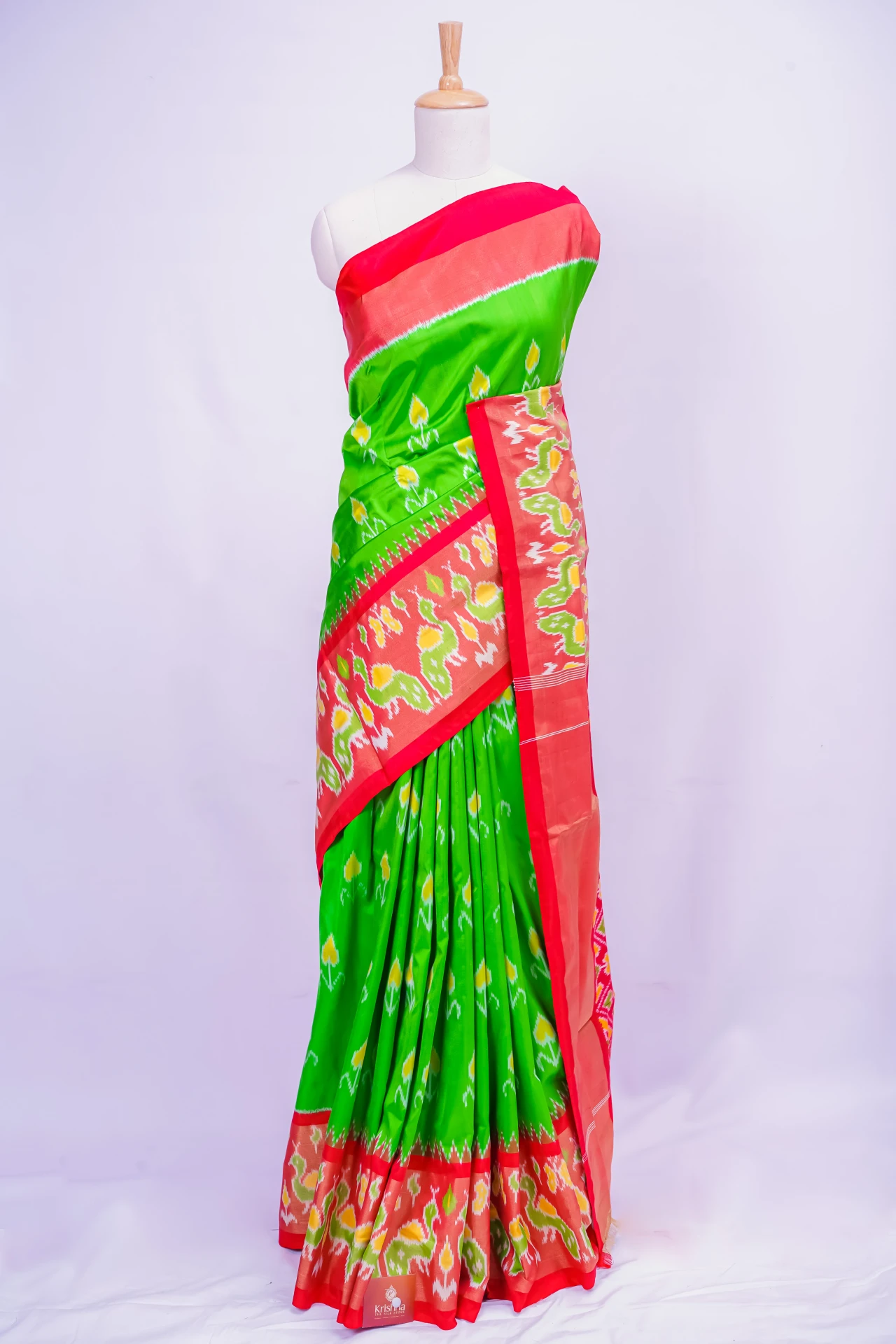 Parrot Green Pure Soft Silk With Pochampally Print And Contrast Blouse