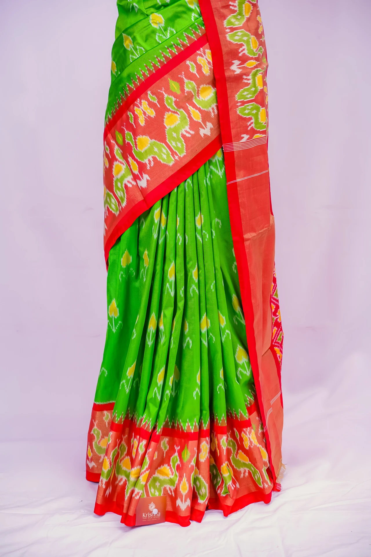 Parrot Green Pure Soft Silk With Pochampally Print And Contrast Blouse
