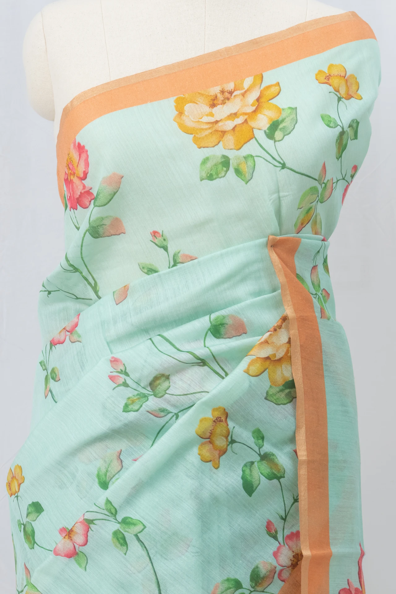 Pastel Blue Munga Silk Saree With Full Body Print