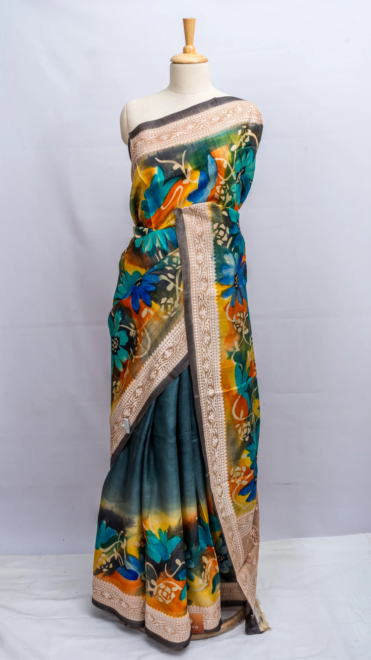 Peacock Blue Tussar Silk With Floral Multi Colour Digital Print 