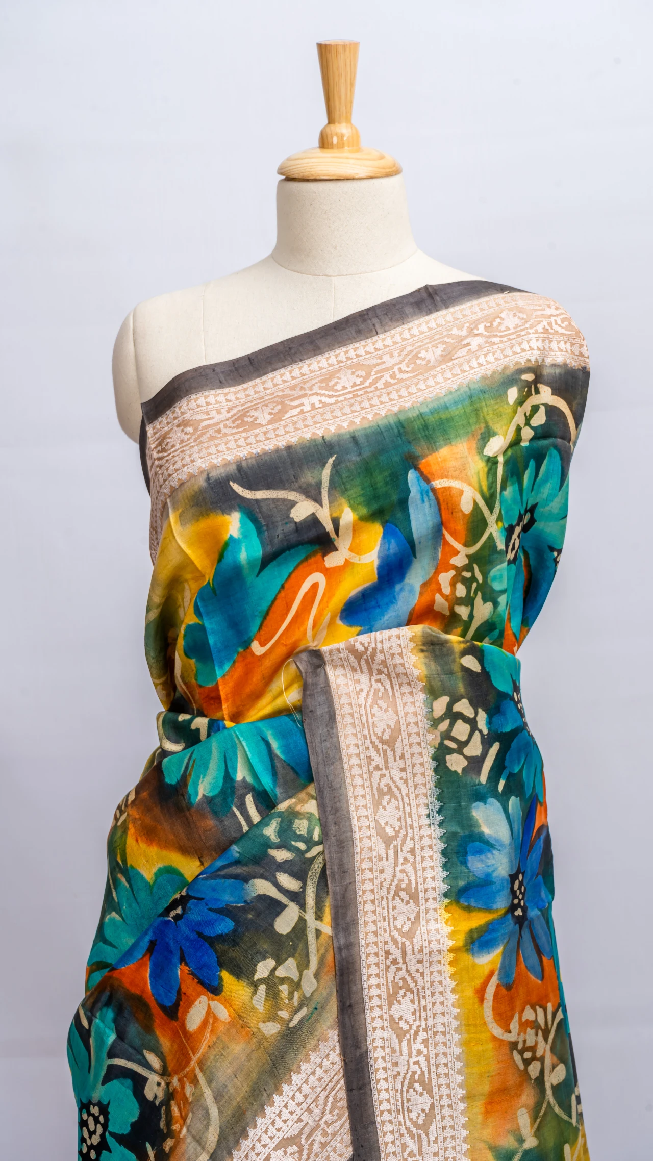 Peacock Blue Tussar Silk With Floral Multi Colour Digital Print 