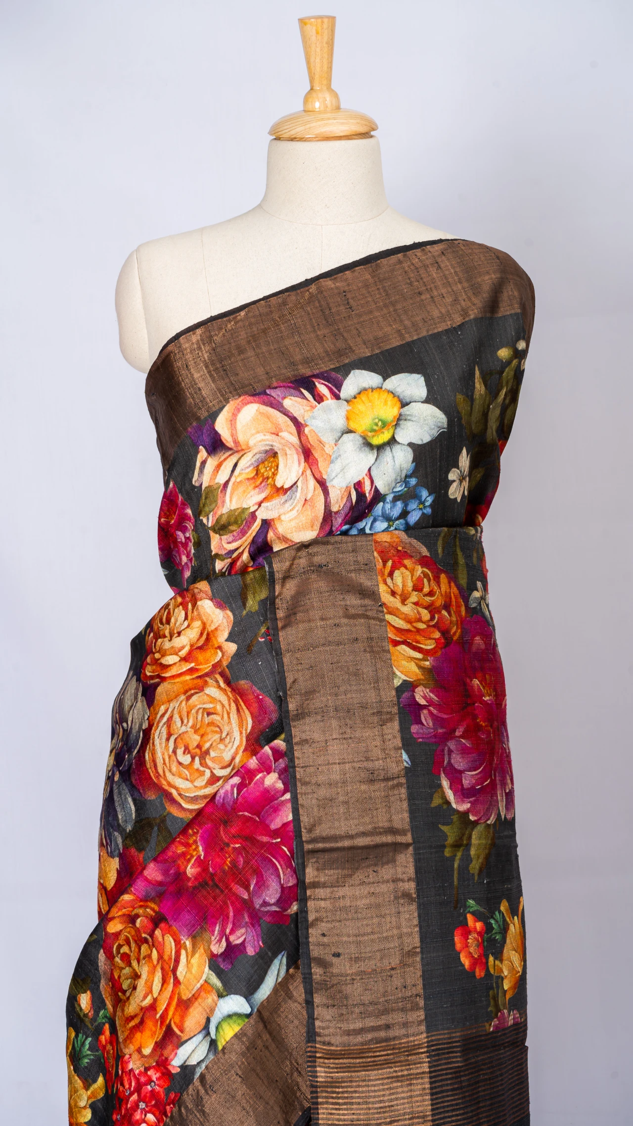 Pure grey Tussar silk with floral multicolor digital print 