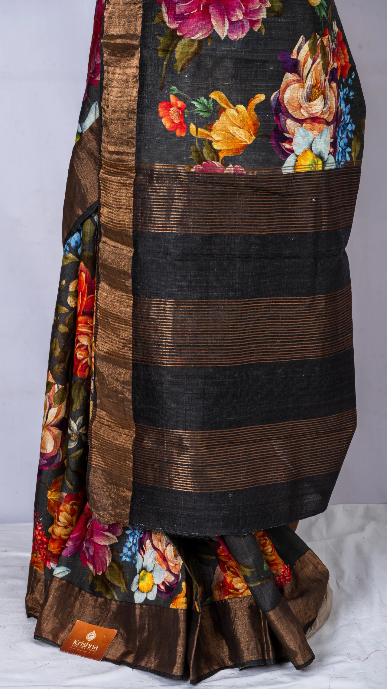 Pure grey Tussar silk with floral multicolor digital print 