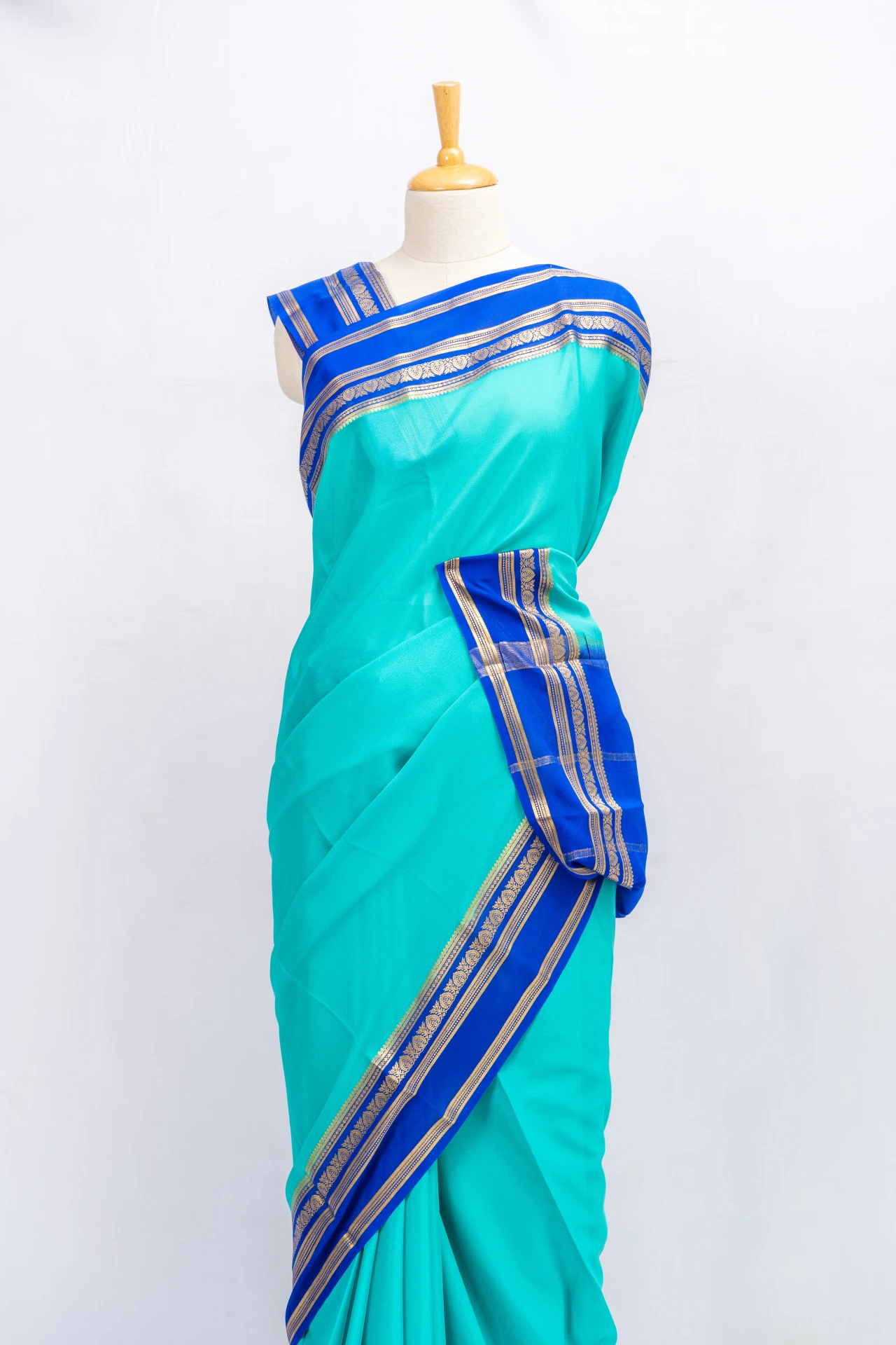 Sky Blue Pure Mysore Crepe Silk With Contrast Pallu Border And Blouse