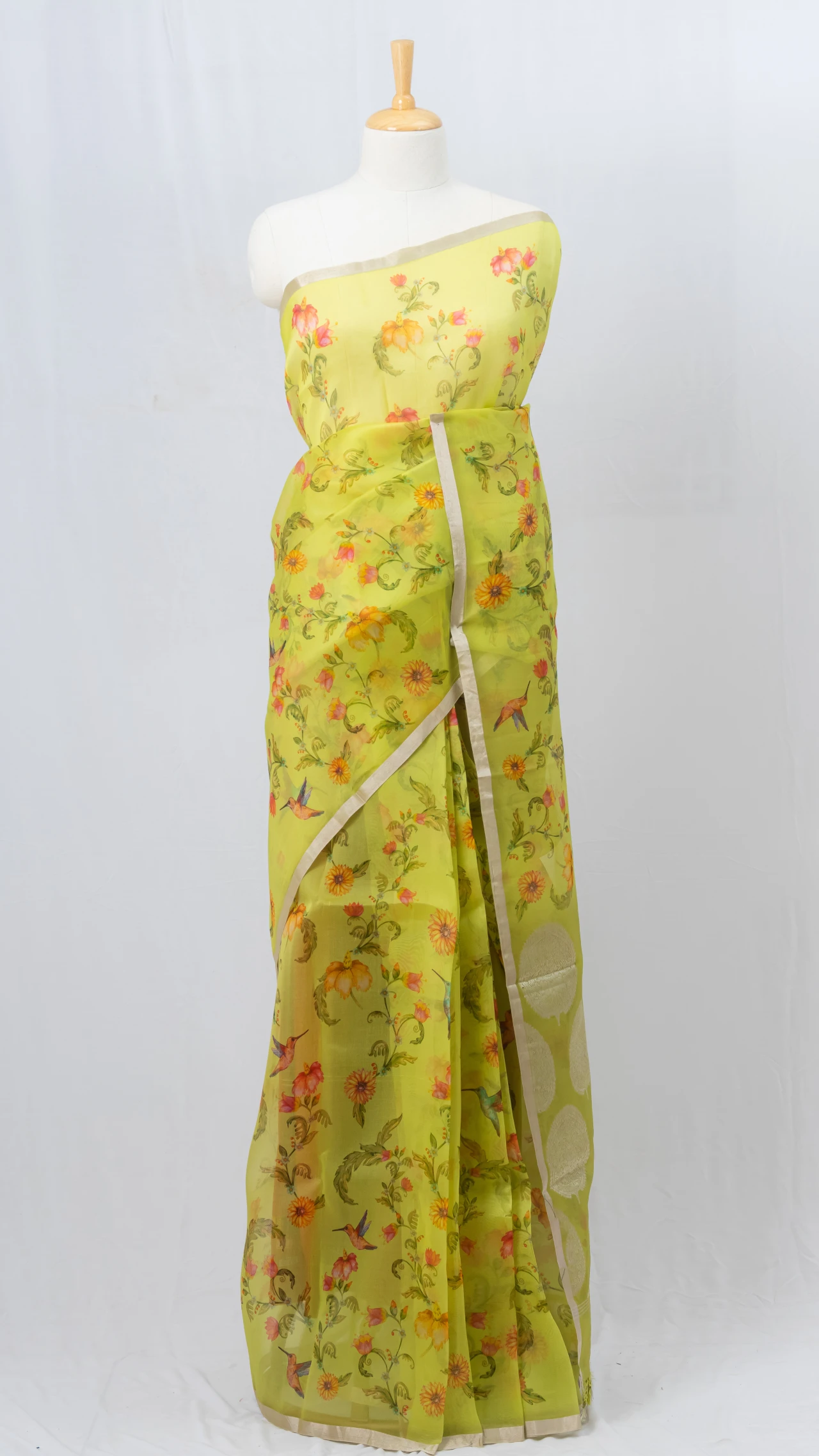 Warm Yellow Organsa Silk Saree With Perfect Floral Pattern