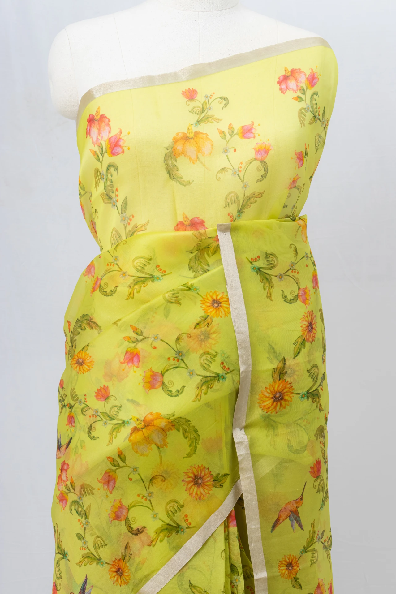 Warm Yellow Organsa Silk Saree With Perfect Floral Pattern