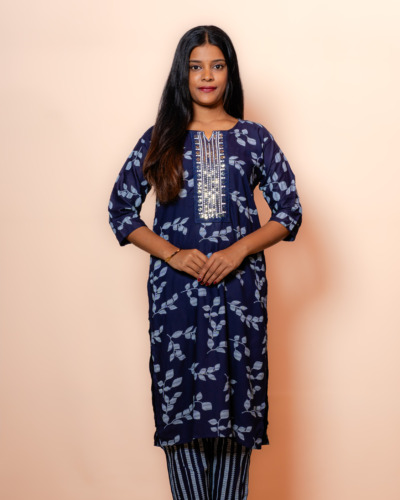 BlueBerry Printed With Embroidered Yoke Kurti Set