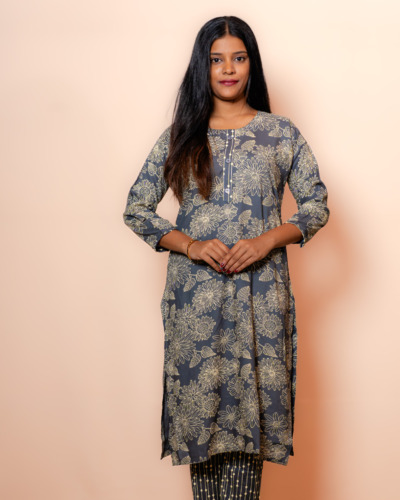Grey Floral with Floral Block Printed Kurti Set