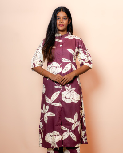 Wine Purple with Bold Botanical Printed Kurti Set