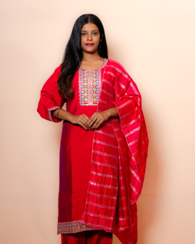 Crimson Red with Detailed Yoke Embroidery Chudidhar Set