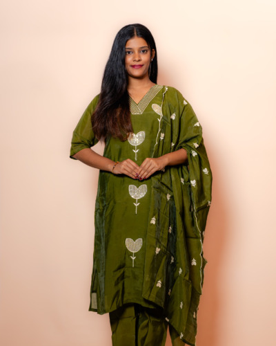 olive green with Floral Embroidery