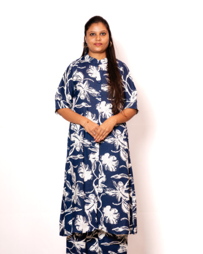Navy Blue & Off-White Kurti Set