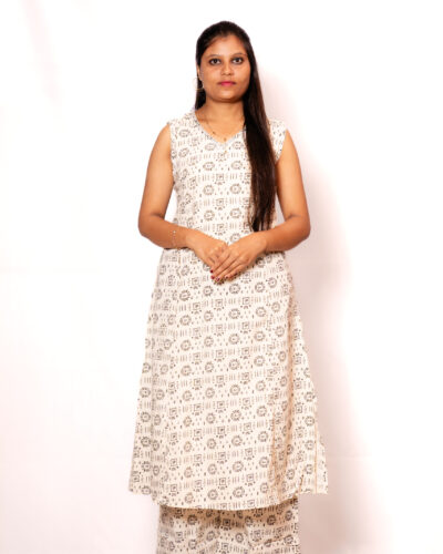 Cream with Black printed Kurti Set