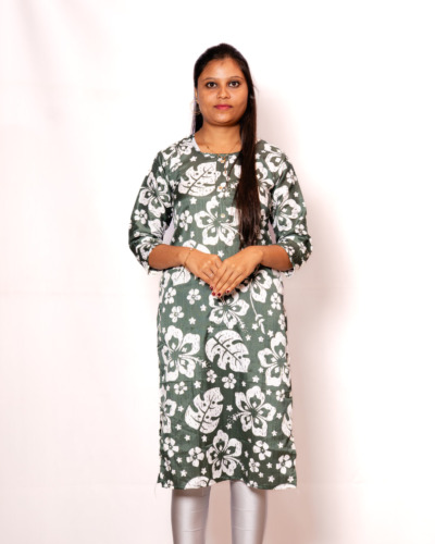 Olive Green with White Tropical Printed Kurti