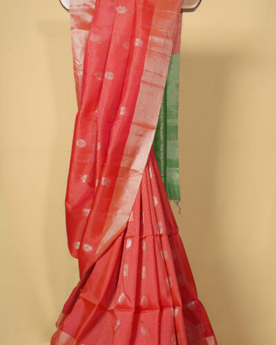 Coral Pink With Fresh Green Art Soft Silk Saree