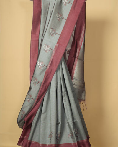 Grey With maroon Border Semi Tussar Saree
