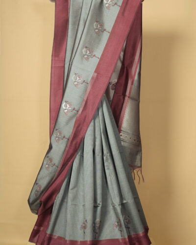 Grey With maroon Border Semi Tussar Saree