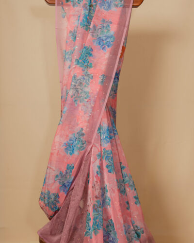 Pink Floral Print Organza Saree