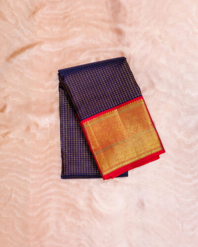 Navy Blue Micro Checks Kanchipuram Silk Saree