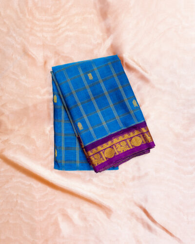 Sky Blue & Purple Border Chettinad Cotton Saree