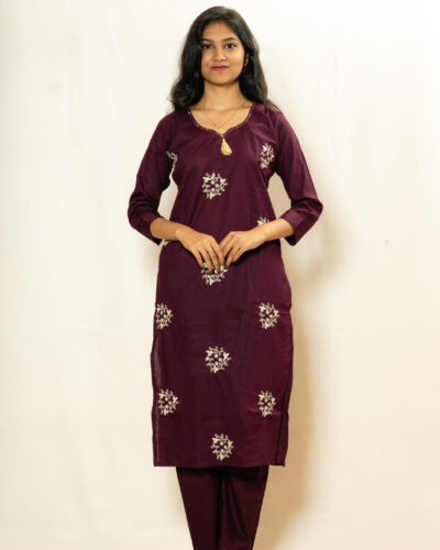 Wine Printed Kurti Set