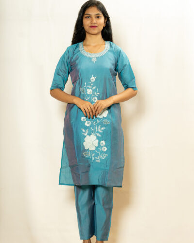 Teal Blue Floral Printed Kurti Set