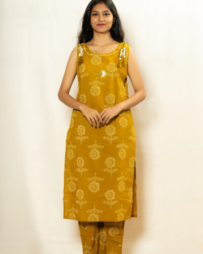 Mustard Yellow Sleeveless Kurti Set