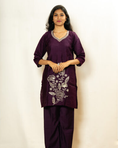 Royal Purple Floral Print Kurti Set