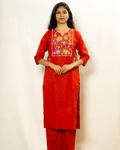Rust Orange Embroidered Kurti Set