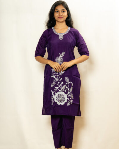 Royal Purple Floral Embroidered Kurti Set