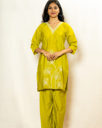 Olive Green Embroidered Kurti Set