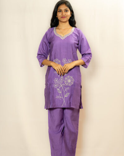 Lavender Embroidered Kurti Set