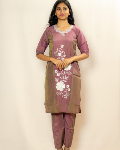 Dusty Mauve Floral Embroidered Kurti Set