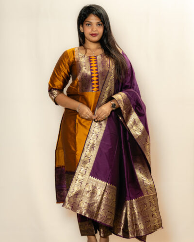 Mustard & Purple Brocade Chudidhar Set