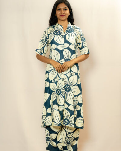 White with Blue Floral Print Kurti Set