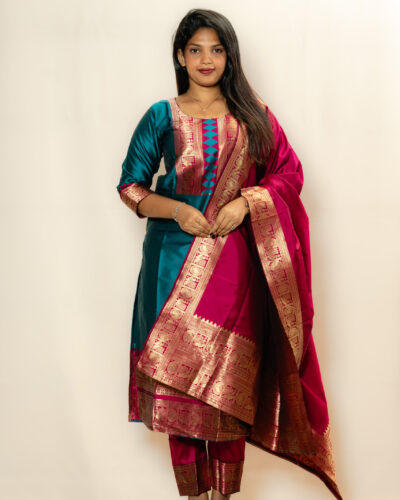 Teal Blue & Magenta Brocade Chudidhar Set