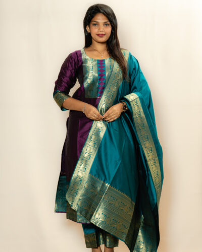 Deep Purple & Teal Brocade Chudidhar Set