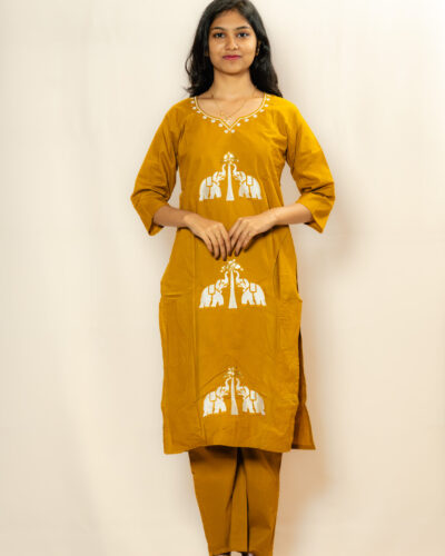 Mustard Yellow Elephant Motif Kurti Set