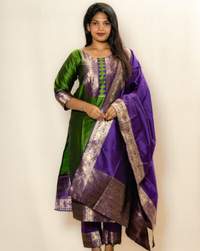 Emerald Green & Purple Brocade Chudidhar Set