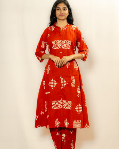 Red Printed Anarkali Kurti Set