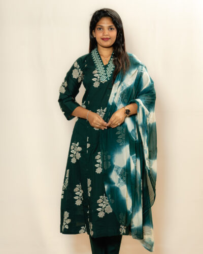 Bottle Green Printed Kurti Set
