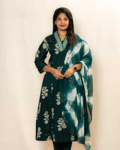 Bottle Green Printed Kurti Set