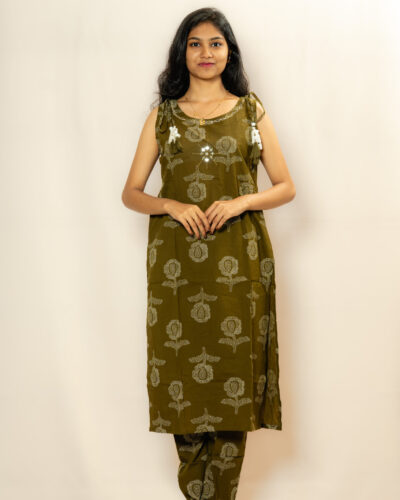 Olive Green Floral Print Kurti Set