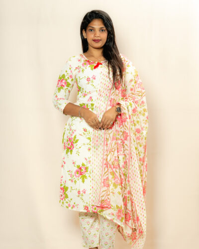 White Floral Print Kurti Set