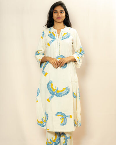 White with Blue & Mustard Abstract Print