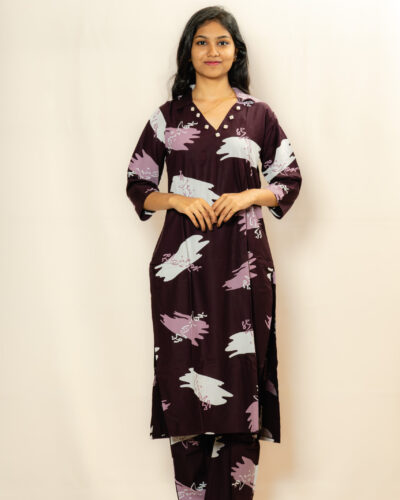 Wine Abstract Printed Kurti Set