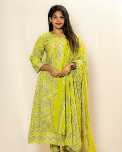 Lime Green Printed Churidar Set